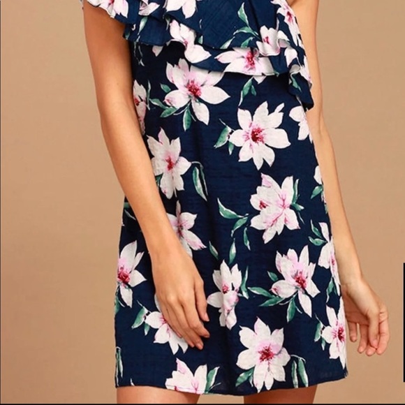 SOLD Lulu’s One Shoulder Floral Navy Dress - Picture 3 of 3